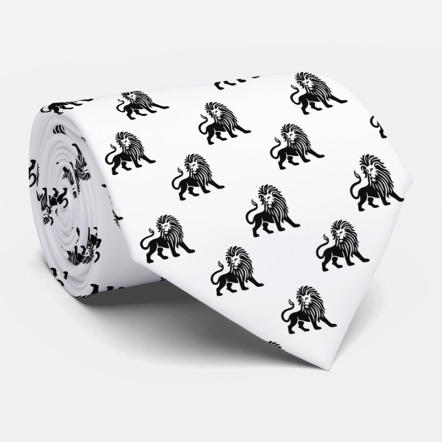 Lion Pattern - Black on White Tie (Rolled)