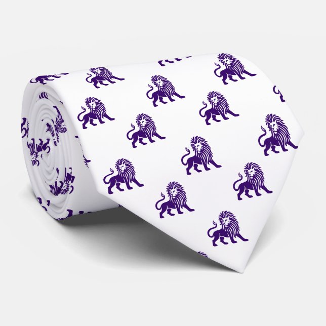 Lion Pattern - Deep Purple on White Tie (Rolled)