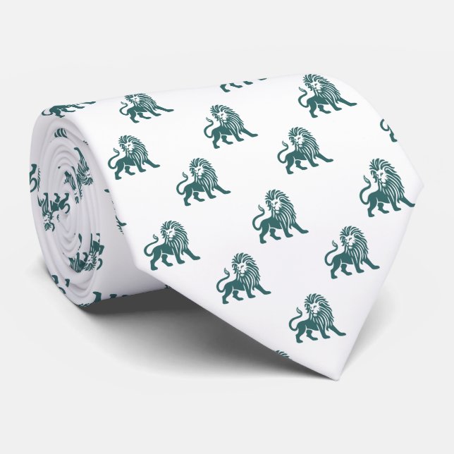 Lion Pattern - Moss Green on White Tie (Rolled)