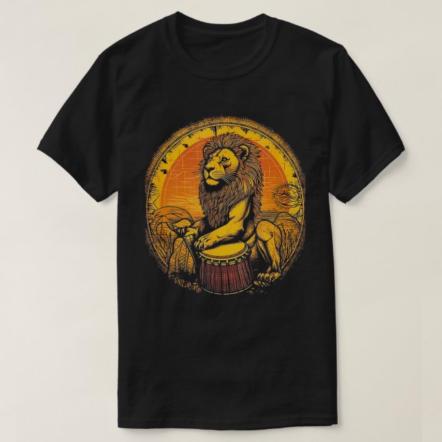 Lion Playing Djembe Drum Drumming Drummer African  T-Shirt (Design Front)