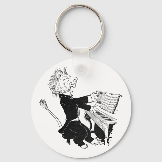 Lion Playing Piano Antique Louis Wain Drawing Key Ring (Front)