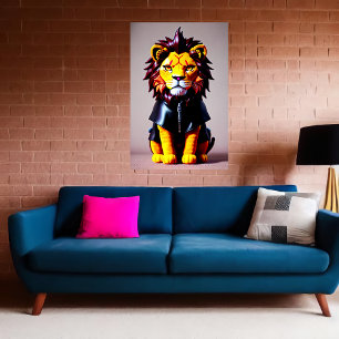 Lion plush toy in black cloths   AI Art   Poster