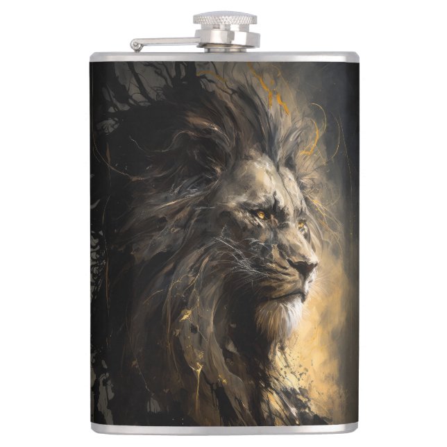 Lion Portrait Animal Nature Wildlife Dark Painting Hip Flask (Front)