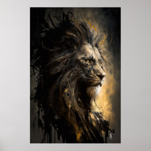Lion Portrait Animal Nature Wildlife Dark Painting Poster