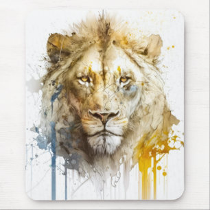 Lion Portrait Animal Painting Wildlife Mountain Mouse Mat