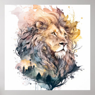 Lion Portrait Animal Painting Wildlife Outdoors Poster