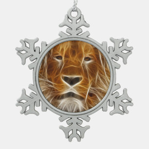 Lion Portrait Snowflake Pewter Christmas Ornament