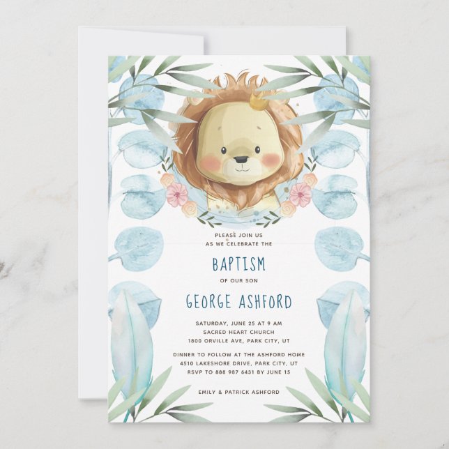 Lion Prince Baby Boy Baptism Invitation (Front)