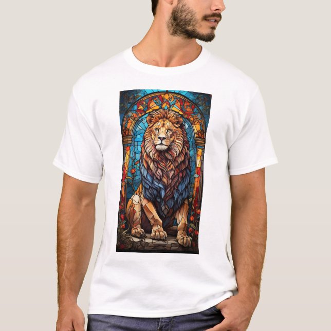 Lion Prism: Geometric Stained Glass T-Shirt Collec (Front)