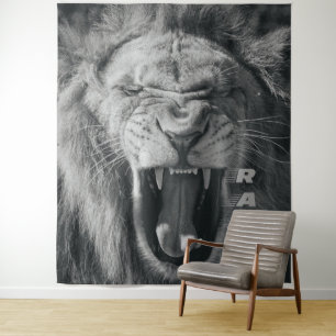 Lion Rage Black and White Roar Tapestry