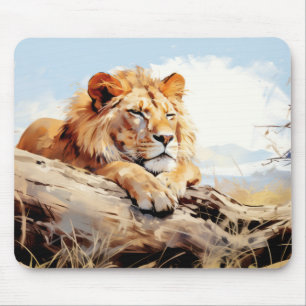 Lion Relaxing On Tree Trunk Animal Fun Happy Cool Mouse Mat