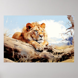 Lion Relaxing On Tree Trunk Animal Fun Happy Cool Poster
