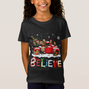 Lion Riding Red Truck Christmas Tree Believe Santa T-Shirt