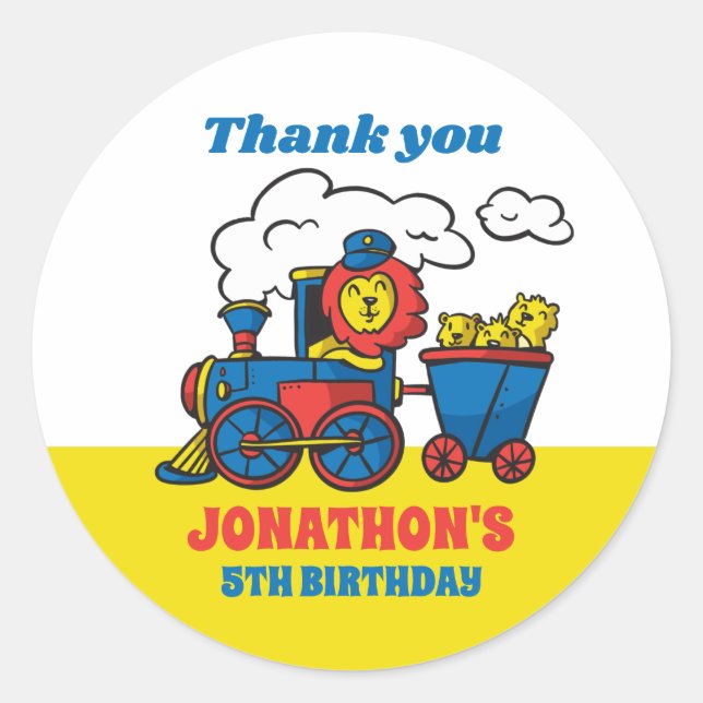 Lion Riding Train Kids Birthday Party Favour Classic Round Sticker (Front)