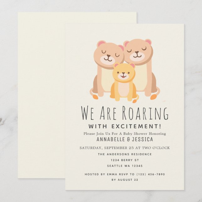 Lion Roaring Excitement 2 moms Baby Shower Invitation (Front/Back)