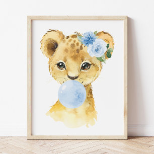 Lion, Safari, Blue Bubble Gum, Boy Nursery Poster