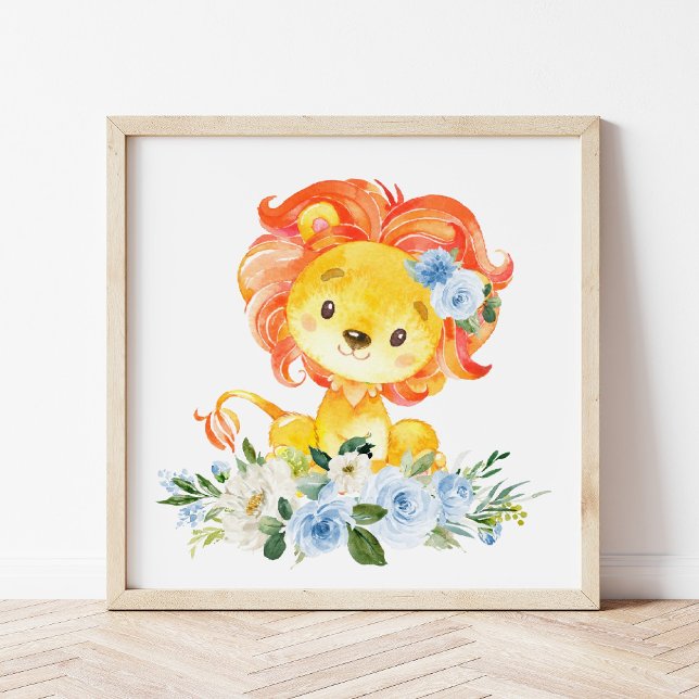 Lion, Safari, Jungle, Blue Flowers, Boy Nursery Photo Print (Creator Uploaded)