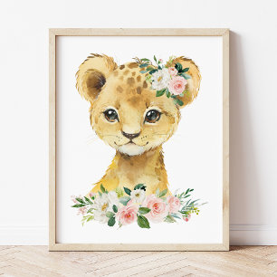 Lion, Safari, Jungle, Pink Flowers, Girl Nursery Photo Print