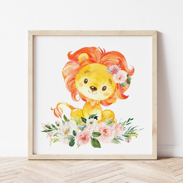 Lion, Safari, Jungle, Pink Flowers, Girl Nursery Poster (Creator Uploaded)