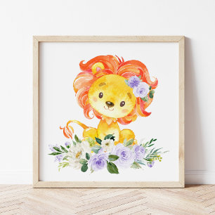 Lion, Safari, Purple Flowers, Gender Neutral Photo Print