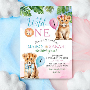 Lion Safari Twins with Bow Wild One Birthday Invitation