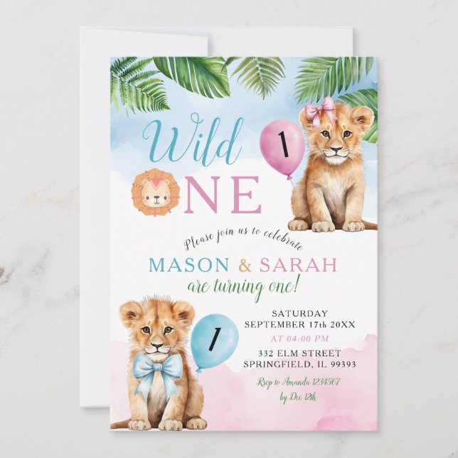 Lion Safari Twins with Bow Wild One Birthday Invitation (Front)