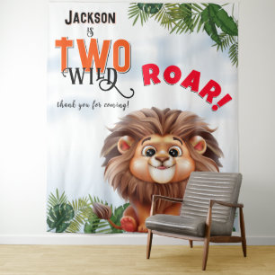 Lion Safari Two Wild Kids Birthday Backdrop Tapestry