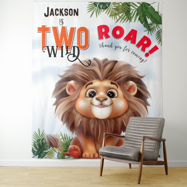 Lion Safari Two Wild Kids Birthday Backdrop Tapestry (In Situ)