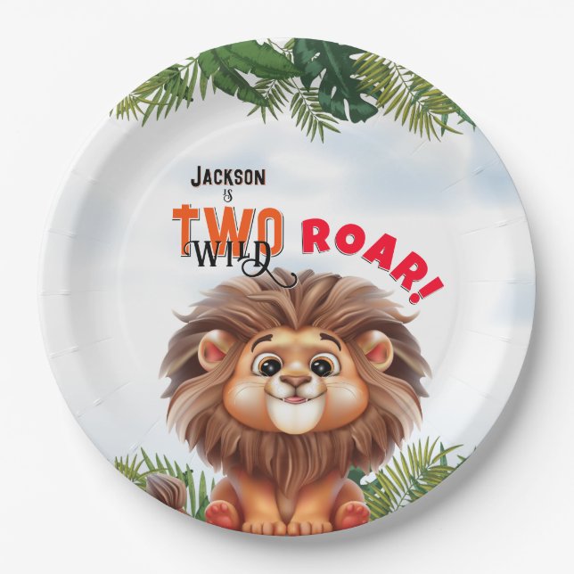 Lion Safari Two Wild Kids Birthday Paper Plate (Front)
