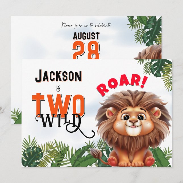 Lion Safari Two Wild Kids Birthday Party Invitation (Front/Back)
