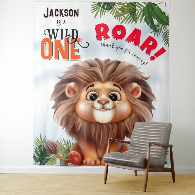 Lion Safari Wild One Kids Birthday Backdrop Tapestry (In Situ)