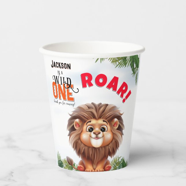 Lion Safari Wild One Kids Birthday Paper Cups (Front)