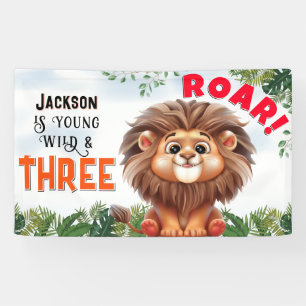 Lion Safari Wild & Three Kids Birthday Banner