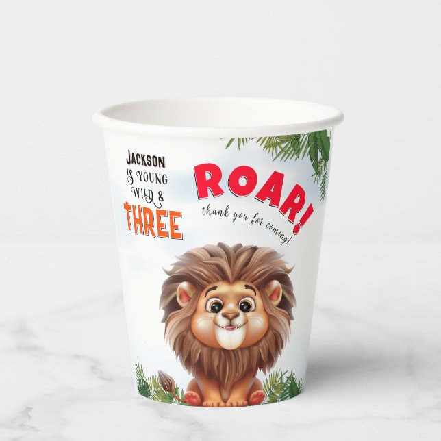 Lion Safari Wild & Three Kids Birthday Paper Cups (Front)