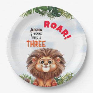 Lion Safari Wild & Three Kids Birthday Paper Plate