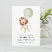 Lion Sage Green Balloon Boys 1st Birthday Party  Invitation (Standing Front)