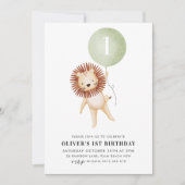 Lion Sage Green Balloon Boys 1st Birthday Party  Invitation (Front)