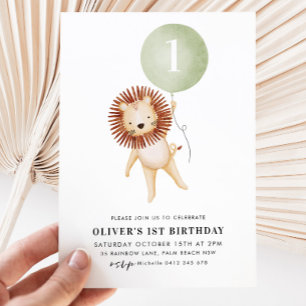Lion Sage Green Balloon Boys 1st Birthday Party  Invitation