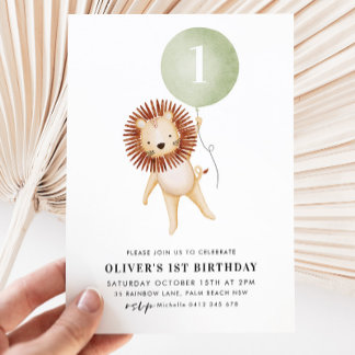 Lion Sage Green Balloon Boys 1st Birthday Party Invitation