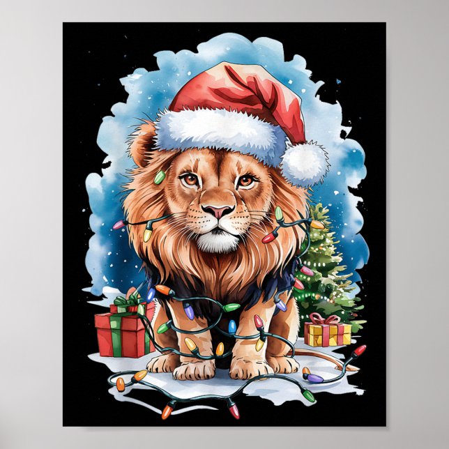 Lion Santa Hat Christmas Lights Watercolor Winter  Poster (Front)