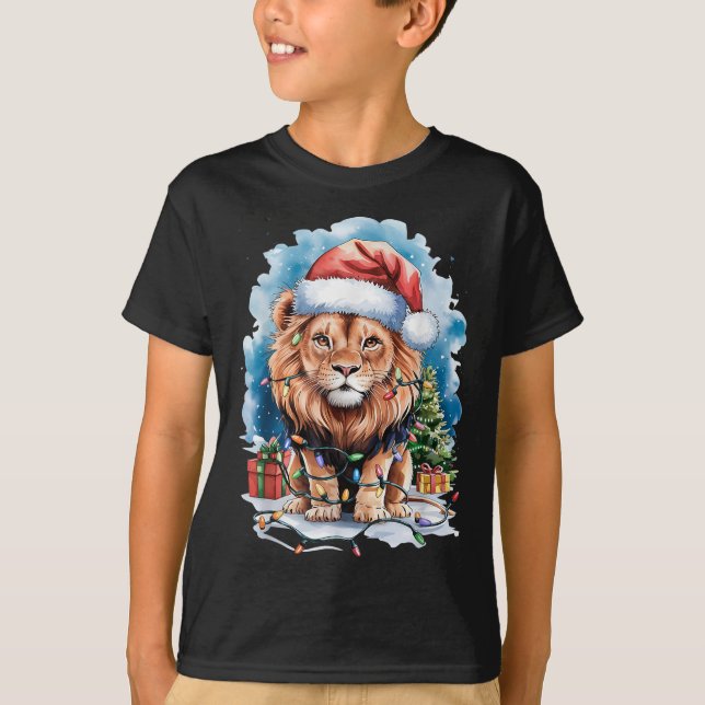 Lion Santa Hat Christmas Lights Watercolor Winter  T-Shirt (Front)