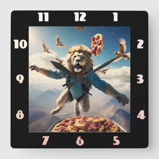 lion skydiving with birds and pizza square wall clock (Front)