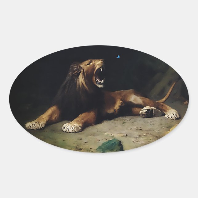 Lion Snapping at a Butterfly Oval Sticker (Front)