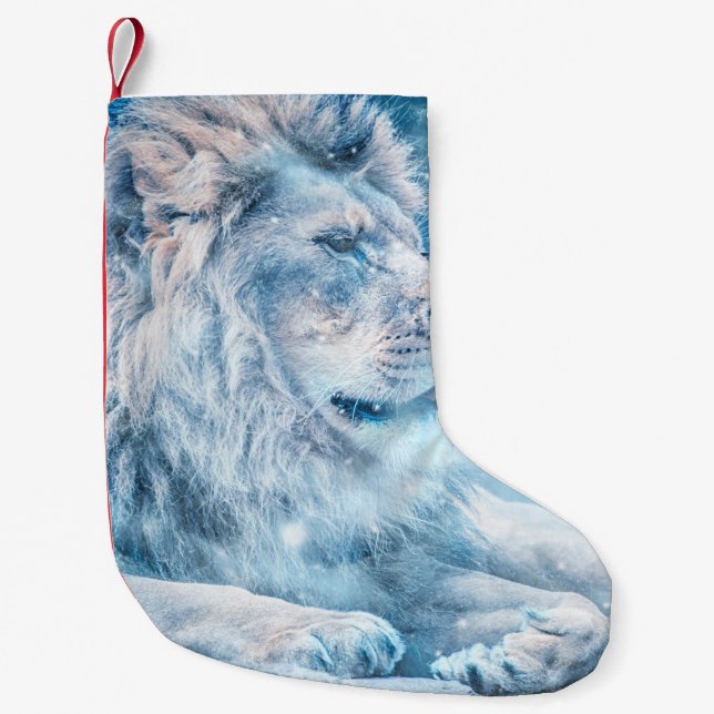 Lion snow lying down art animal small christmas stocking (Front)