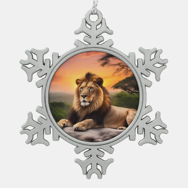 Lion Snowflake Pewter Christmas Ornament (Front)