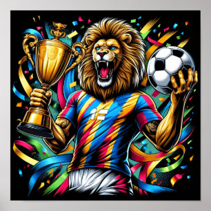 Lion Soccer Champion Trophy Football Victory Poster