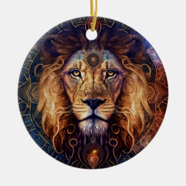 Lion Spirit Mandala Visionary Art Ceramic Tree Decoration (Front)