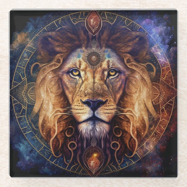 Lion Spirit Mandala Visionary Art Glass Coaster (Front)