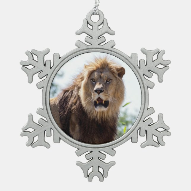 Lion standing the open mouth among plants   snowflake pewter christmas ornament (Front)
