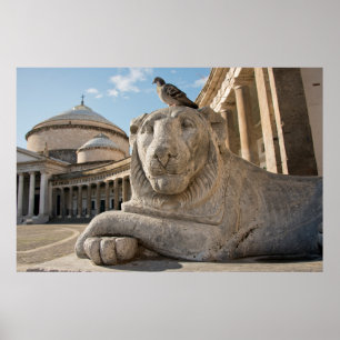 Lion statue in front of historic church poster
